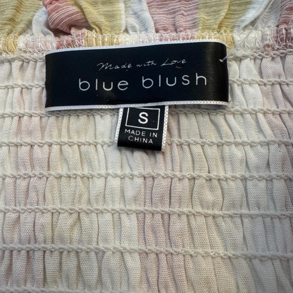 Blue Blush Smocked Crop Top S Pink Yellow Striped Lace Up Boho Beach Cottagecore - Picture 4 of 8